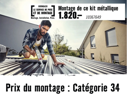 Service de montage Hornbach pour kits métalliques : un artisan étanchéifie un toit en tôle ondulée avec un pistolet à cartouche.