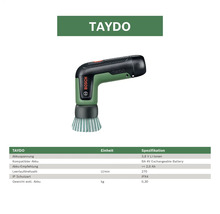 Brosse de nettoyage sans fil Bosch Taydo avec batterie Lithium-Ion 3,6 Volts et tableau des caractéristiques techniques. Bosch Logo.
