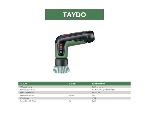 Brosse de nettoyage sans fil Bosch Taydo avec batterie Lithium-Ion 3,6 Volts et tableau des caractéristiques techniques. Bosch Logo.