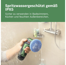 Brosse de nettoyage électrique Bosch avec indice de protection IPX5, idéale pour nettoyer les surfaces humides dans la salle de bains.