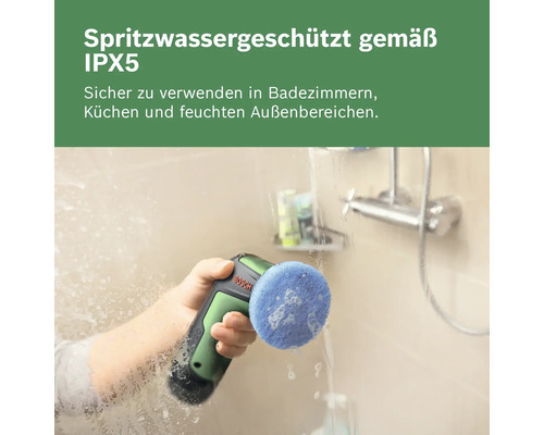 Brosse de nettoyage électrique Bosch avec indice de protection IPX5, idéale pour nettoyer les surfaces humides dans la salle de bains.