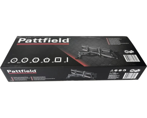 Pattfield Präzisions-Gehrungssäge 550 mm in der Produktverpackung mit Gehrungswinkeln von 15 bis 90 Grad und Siegel für geprüfte Sicherheit.