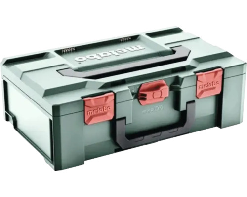 Coffret d'outils Metabo MetaBOX en plastique avec poignées de transport et clips de fermeture.