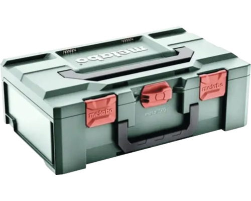 Coffret à outils Metabo metaBOX vert en plastique avec poignée de transport et fermetures rouges.