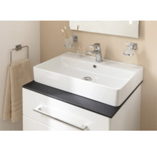 Vasque à poser blanche sur un meuble sous-vasque avec plan de travail foncé, robinetterie chromée et accessoires de salle de bain.