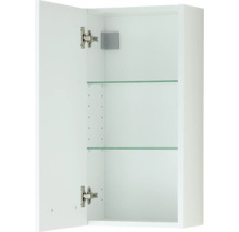 Armoire de salle de bain suspendue ouverte blanche avec deux étagères en verre et charnières métalliques.