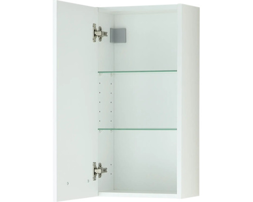 Armoire de salle de bain suspendue ouverte blanche avec deux étagères en verre et charnières métalliques.