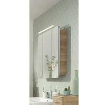 Armoire de toilette à trois portes avec éclairage LED et éléments en bois dans une salle de bains lumineuse au style moderne.