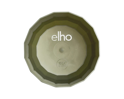 Vue intérieure d'un pot de fleurs à facettes avec Logo Elho et la mention 100 pour cent recyclé et recyclable.