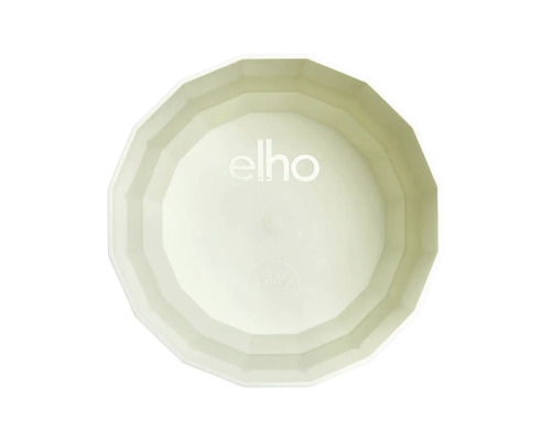 Vue intérieure d'un pot de fleurs à plusieurs pans avec elho Logo et symbole pour un matériau 100 pour cent recyclable.