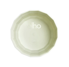 Vue de dessus d un pot de fleurs facetté en plastique avec elho Logo et symbole 100 pour cent recyclable.