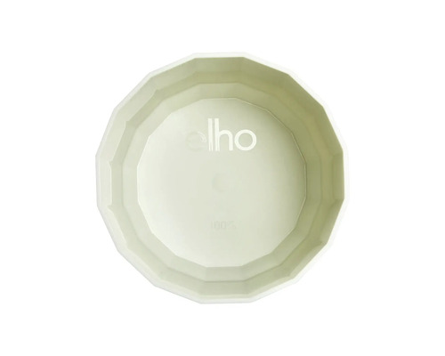 Vue de dessus d un pot de fleurs facetté en plastique avec elho Logo et symbole 100 pour cent recyclable.