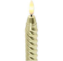Christbaumkerze LED an Gold mat gedréintem Schaft a waarmwäissem Liichtmëttel a Flammenform.