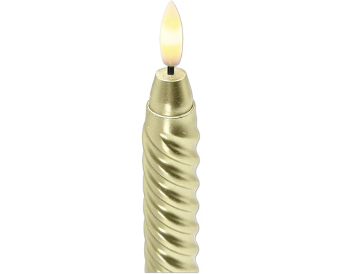 Christbaumkerze LED an Gold mat gedréintem Schaft a waarmwäissem Liichtmëttel a Flammenform.