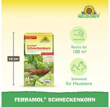 Neudorff Ferramol Schneckenkorn Packung, 18 Zentimeter hoch, reicht für 100 Quadratmeter, schonend für Haustiere, Neudorff Logo.