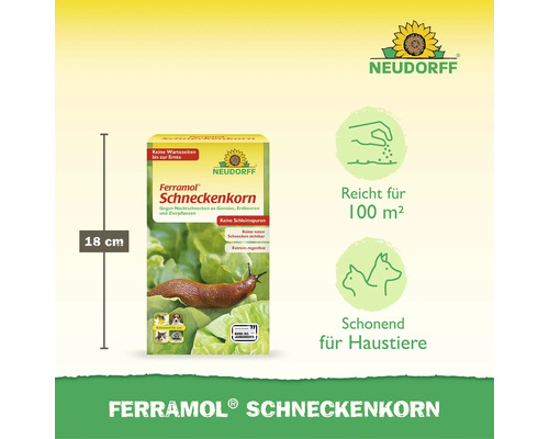 Neudorff Ferramol Schneckenkorn Packung, 18 Zentimeter hoch, reicht für 100 Quadratmeter, schonend für Haustiere, Neudorff Logo.
