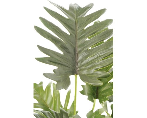 Vue détaillée d'une feuille de philodendron artificielle verte aux bords profondément découpés pour la décoration.