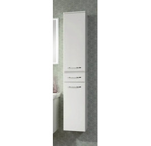 Weißer Badezimmer-Hochschrank mit drei Fächern und horizontalen Griffen in Chrom-Optik, wandhängend montiert.