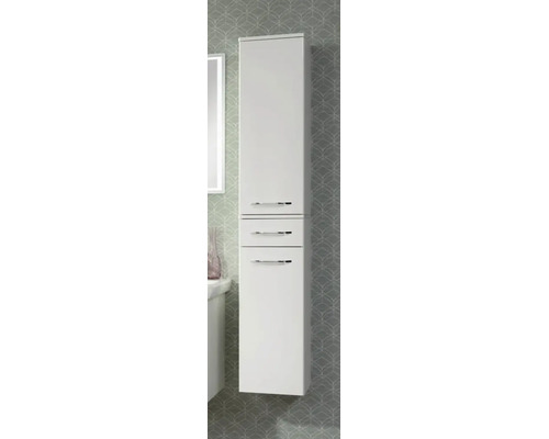 Weißer Badezimmer-Hochschrank mit drei Fächern und horizontalen Griffen in Chrom-Optik, wandhängend montiert.