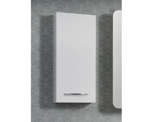 Armoire de toilette latérale blanche suspendue avec poignée métallique horizontale.