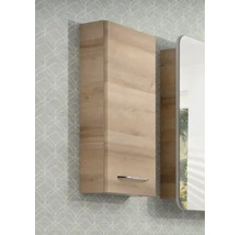 Badezimmer-Hängeschrank in Holzoptik mit silberfarbenem Griff.