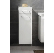 Meuble de salle de bain suspendu blanc avec tiroir et porte, poignées chromées, fixé sur un mur avec du carrelage sombre.