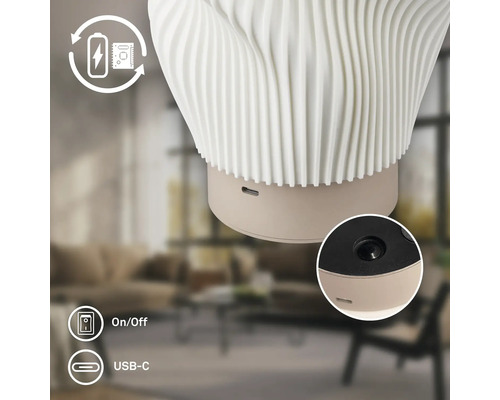 Detailansicht einer Leuchte mit USB-C-Anschluss, Ein-Aus-Schalter und Symbol für Akkubetrieb.