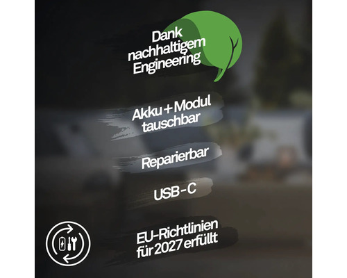 Nachhaltiges Engineering, austauschbarer Akku und Modul, reparierbar, USB-C Anschluss, erfüllt Richtlinien der Europäischen Union für 2027.