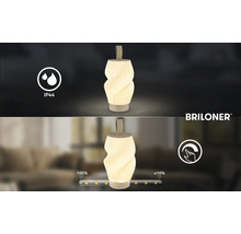 Tragbare LED-Tischleuchte mit IP44-Schutz gegen Spritzwasser und Dimmfunktion von 100 Prozent auf circa 10 Prozent. Briloner Logo.