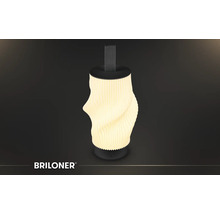 Tragbare Briloner LED-Tischleuchte mit gerippter Oberfläche, Trageschlaufe aus Textil und Touch-Schalter am Sockel.