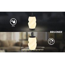Briloner LED-Tischleuchte mit gedrehtem Design, IP44 Spritzwasserschutz, Touch-Dimmer von 100 Prozent bis circa 10 Prozent und Briloner Logo.