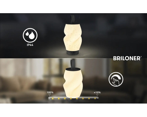 Briloner LED-Tischleuchte mit gedrehtem Design, IP44 Spritzwasserschutz, Touch-Dimmer von 100 Prozent bis circa 10 Prozent und Briloner Logo.