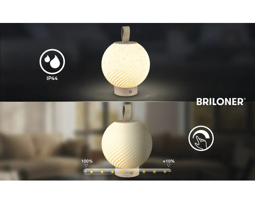 Briloner LED Tischleuchte mit IP44 Spritzwasserschutz und Touch-Dimmfunktion von 100 bis circa 10 Prozent.