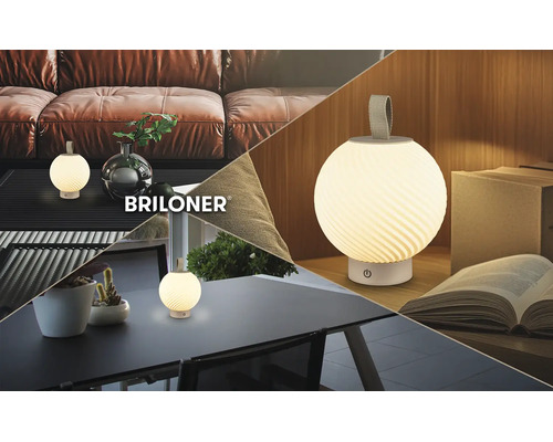 Briloner tragbare LED-Tischleuchte mit kugelförmigem strukturiertem Schirm, abgebildet auf einem Couchtisch, einem Gartentisch und einem Schreibtisch.