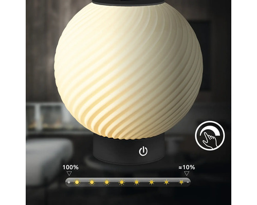 Kugelförmige Tischleuchte mit strukturierter Oberfläche und Touch-Dimmfunktion von 100 Prozent bis circa 10 Prozent.