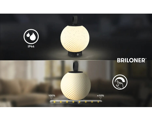 Tragbare Briloner Leuchte mit IP44 Spritzwasserschutz und Dimmfunktion von 100 Prozent bis circa 10 Prozent. Briloner Logo.