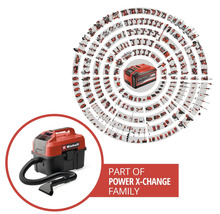Einhell Power X-Change Akku-System Übersicht mit Fokus auf einen Akku-Trockensauger.