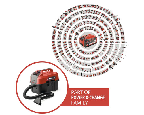 Einhell Power X-Change Akku-System Übersicht mit Fokus auf einen Akku-Trockensauger.
