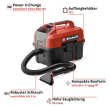Einhell Akku-Nass-Trockensauger mit 10 Liter Behälter, ausziehbarem 2 Meter Schlauch, Power X-Change Akkusystem und Einhell Logo.