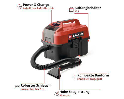 Einhell Akku-Nass-Trockensauger mit 10 Liter Behälter, ausziehbarem 2 Meter Schlauch, Power X-Change Akkusystem und Einhell Logo.