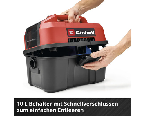 Einhell Nass-Trockensauger mit 10 Liter Behälter und Schnellverschlüssen zum einfachen Entleeren.