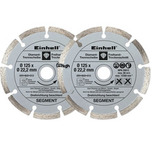 Deux disques diamantés segmentés Einhell avec Einhell Logo, diamètre 125 millimètres, pour coupe à sec du béton et du granit.