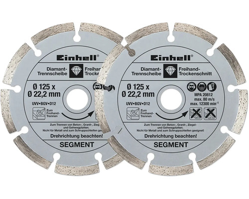 Deux disques diamantés segmentés Einhell avec Einhell Logo, diamètre 125 millimètres, pour coupe à sec du béton et du granit.