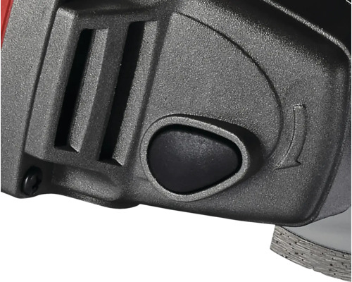 Gros plan d'un outil électrique avec un bouton noir et des fentes d'aération sur le boîtier.
