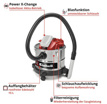 Einhell Akku-Nass-Trockensauger mit 15 Liter Edelstahlbehälter, Blasfunktion, Filterreinigung und Schlauchaufwicklung.