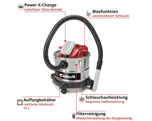 Einhell Akku-Nass-Trockensauger mit 15 Liter Edelstahlbehälter, Blasfunktion, Filterreinigung und Schlauchaufwicklung.