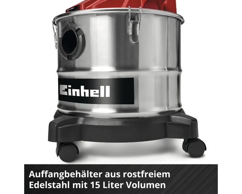 Einhell Nass-Trockensauger mit einem 15 Liter Auffangbehälter aus rostfreiem Edelstahl auf Rollen.