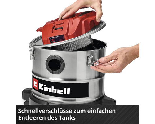 Einhell Nass-Trockensauger mit geöffnetem Metallbehälter und Schnellverschlüssen zum einfachen Entleeren.