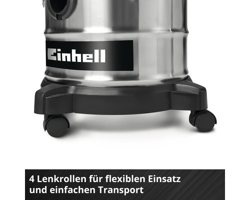 Einhell Staubsauger mit Edelstahlbehälter und vier Lenkrollen für einfachen Transport. Einhell Logo.