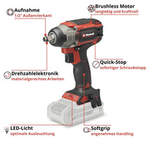 Boulonneuse à chocs sans fil Einhell avec carré extérieur 1/2 pouce, moteur sans balais, variateur de vitesse, arrêt rapide, LED et Softgrip.